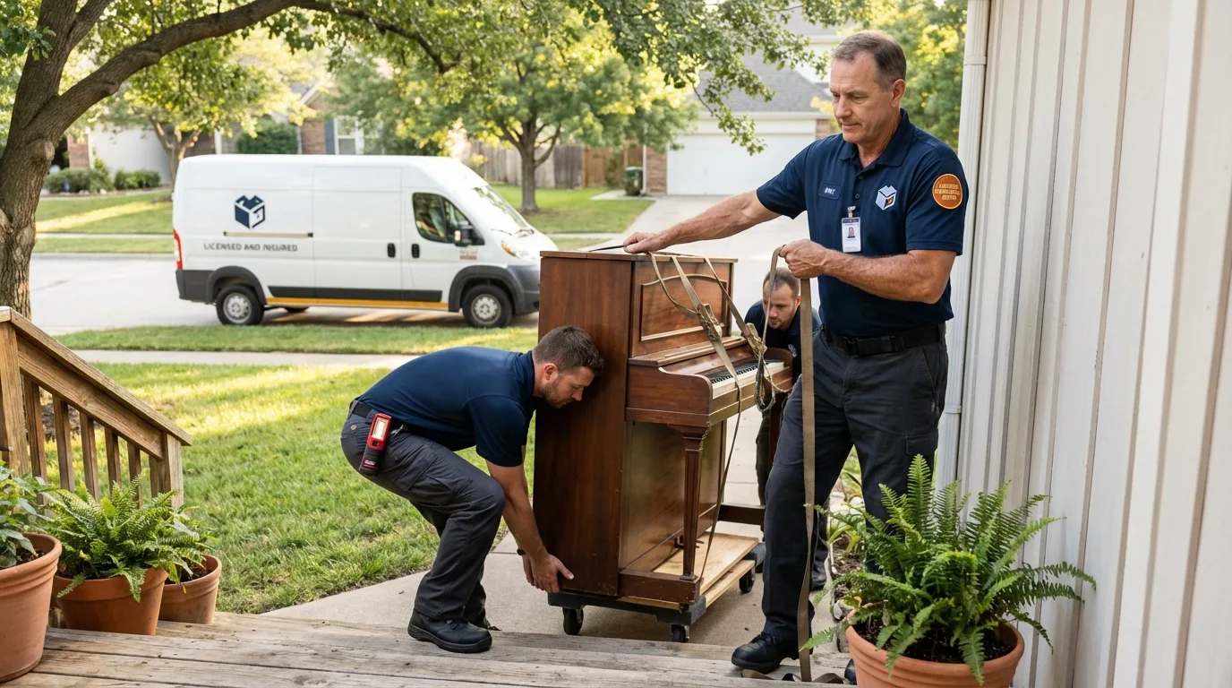 Licensed piano movers securing grand piano in Slocomb, AL