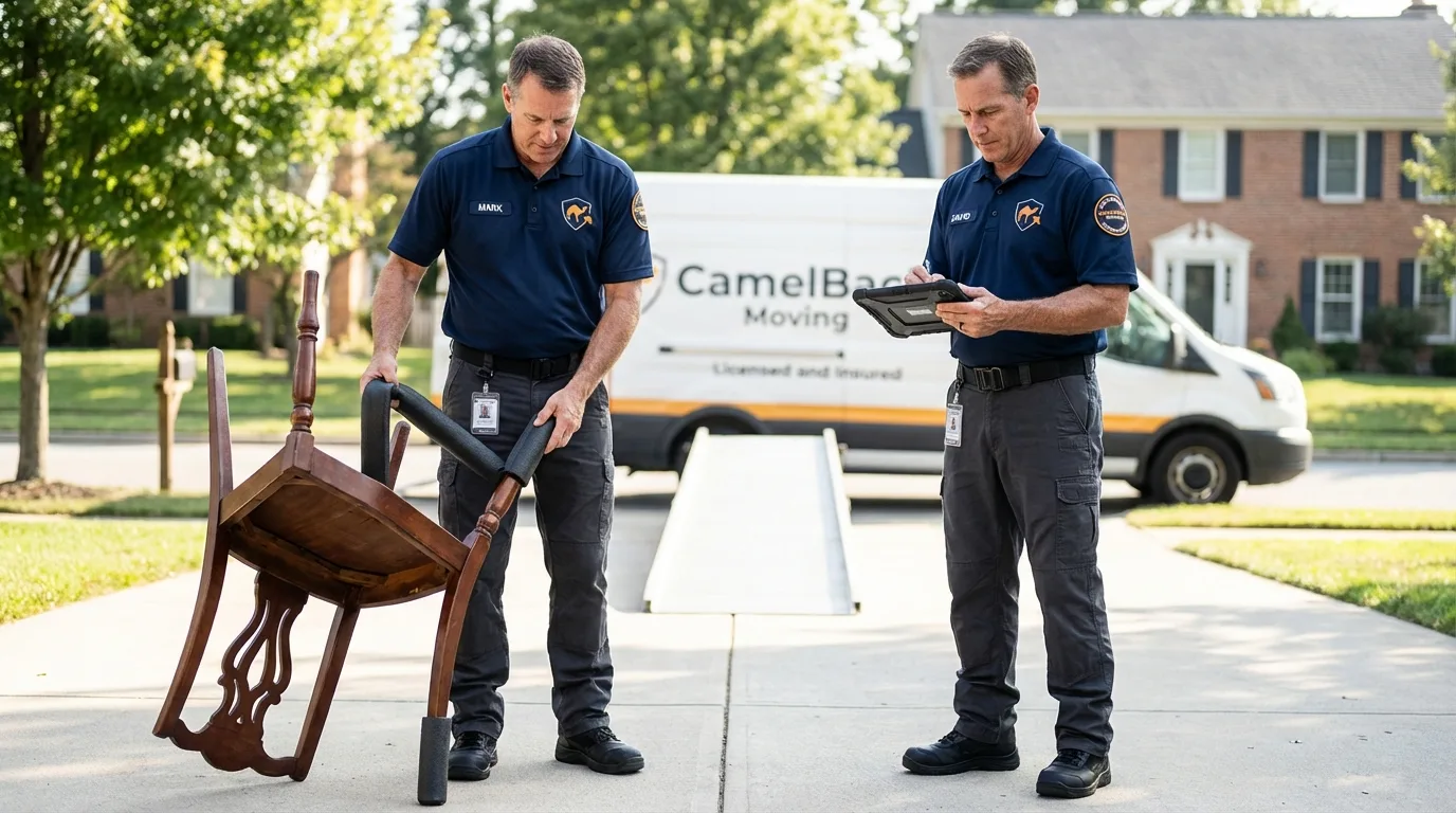 Movers inspecting furniture for damage prevention before loading in Slocomb, AL