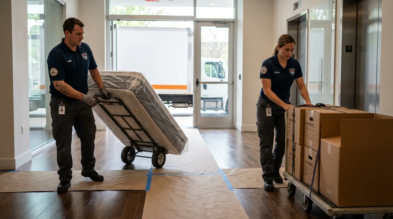 Professional apartment movers loading elevator in Slocomb, AL